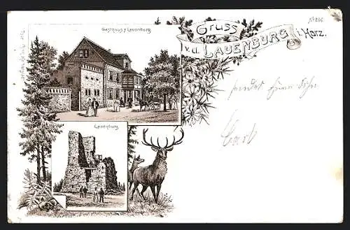 Lithographie Lauenburg / Harz, Gasthaus z. Lauenburg, An der Lauenburg