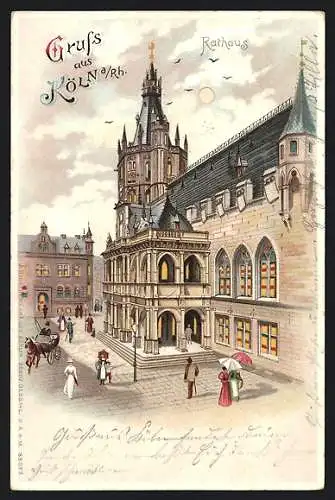 Lithographie Köln a. Rh., Rathaus, Halt gegen das Licht: beleuchtete Fenster