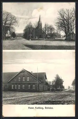 AK Rehden, Gasthaus Heinrich Kahling, Strassengabelung an der Kirche