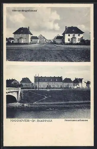 AK Hannover-Gross Buchholz, Siemerdingstrasse und Wohnhäuser, Hesemannstrasse und Brücke