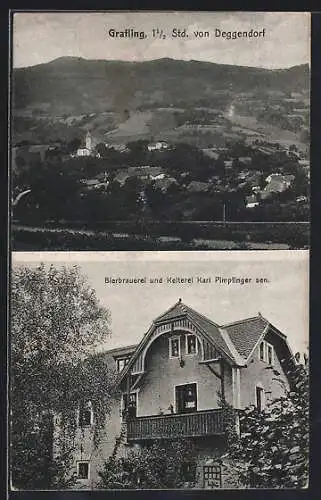 AK Grafling / Deggendorf, Bierbrauerei und Kelterie Karl Pimpfinger sen., Ortsansicht aus der Vogelschau