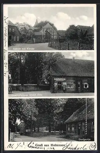 AK Holtensen / Weetzen, Geschäftshaus Albert Ewe, Schule mit Kirche, Dorfpartie