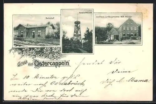 AK Ostercappeln, Gasthaus zur Morgensonne, Bes. Wilh. Wächter, Bahnhof, Aussichtsturm