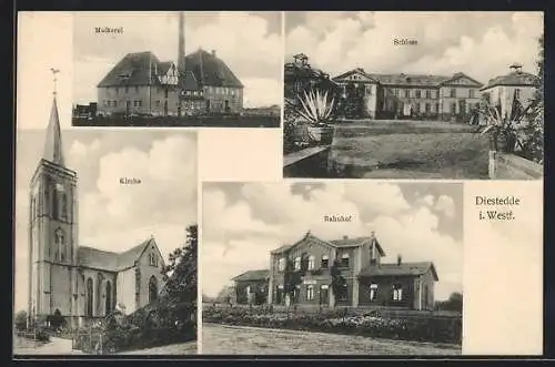 AK Diestedde i. Westf., Bahnhof, Kirche, Schloss, Molkerei