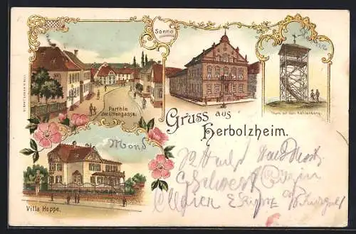 Lithographie Herbolzheim / Baden, Parthie der Uttengasse, Villa Heppel, Thurm auf dem Kahlenberg