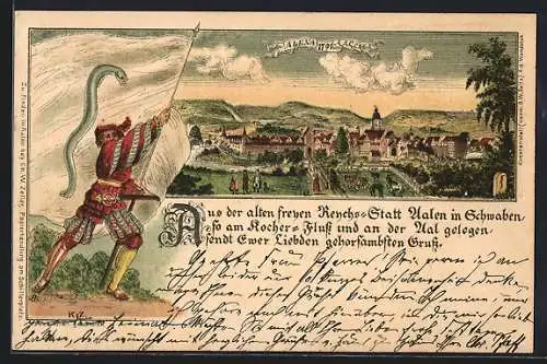 Lithographie Aalen, Ansicht der Stadt Anno 1791, Landsknecht mit Fahne