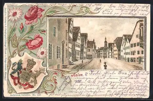 Passepartout-Lithographie Aalen, Strassenpartie, Wappen mit Rosen