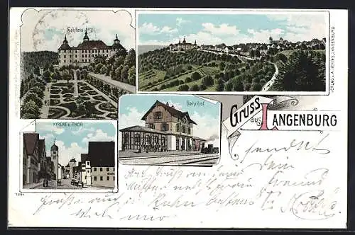 Lithographie Langenburg, Bahnof, Schloss, Kirche und Thor