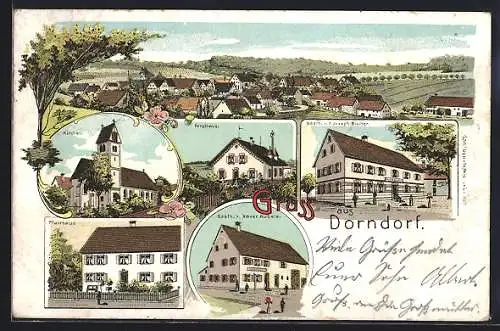 Lithographie Dorndorf / Illerrieden, Gasthaus von Xaver Aubele, Gasthaus v. F. Joseph Bucher, Forsthaus, Kirche