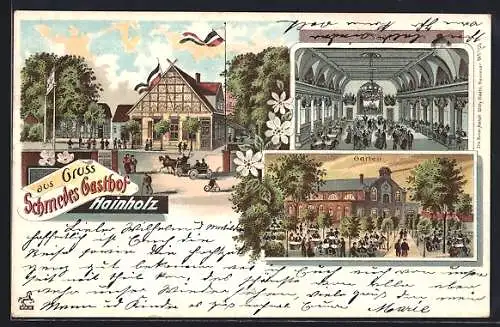 Lithographie Hannover-Hainholz, Schmedes Gasthof, Aussenansicht, Garten und Saal