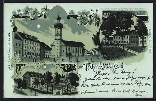 Mondschein-Lithographie Tölz-Mühlfeld, Gasthaus z. Zankl, Kirche