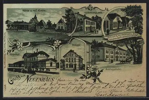 Lithographie Neuenhaus i. Hann., Bahnhof, Amtsgericht, Verwaltungsamt