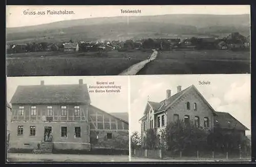 AK Mainzholzen, Bäckerei u. Kolonialwarenhandlung v. Gustav Kornhardt, Schule, Totalansicht