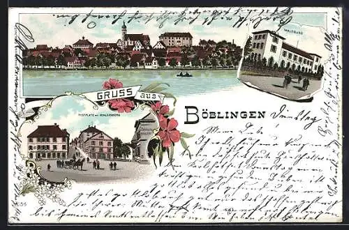 Lithographie Böblingen, Waldburg und Postplatz mit Schlossberg
