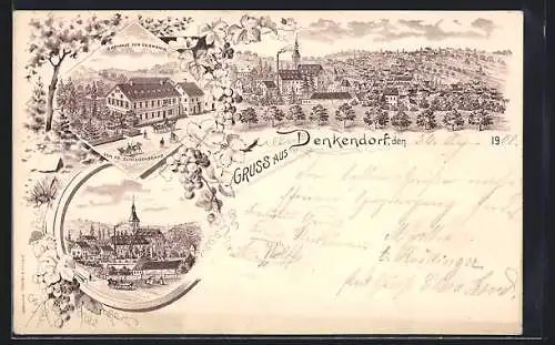 Lithographie Denkendorf / Württ., Gasthaus zur Germania v. Fr. Scheurenbrand, Ortsansicht