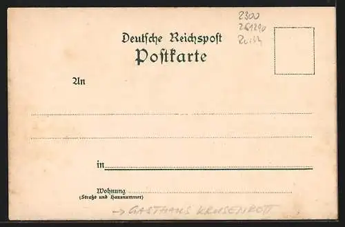 Lithographie Kiel, Gasthaus Etablissement Krusenrott, Inh. Wilh. Schröder, Kriegsschiff