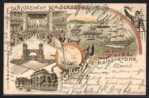 Lithographie Kiel, Etablissement Kaiserkrone, Kriegshafen