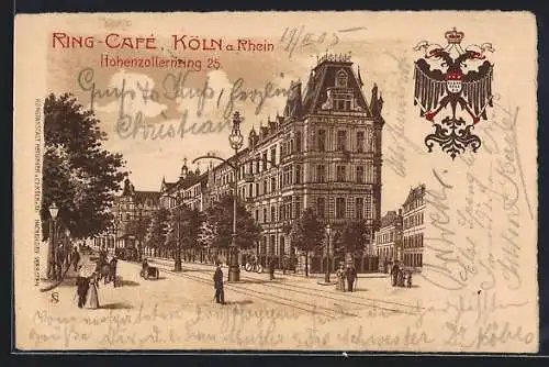 Lithographie Köln-Neustadt, Ring-Café, Hohenzollernring 25, Strassenbahn