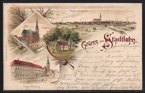 Lithographie Stadtlohn, Hotel Decking, Kirche, Panorama