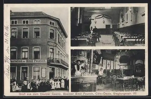 AK Köln-Deutz, Gasthaus Casino v. E. Feurich, Tanzsaal, Restaurant, Siegburgerstrasse 111, Aussen- u. Innenansichten