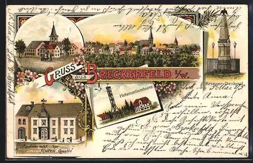 Lithographie Breckerfeld i. W., Restaurant zur Guten Quelle, Kriegerdenkmal, Hohenzollernturm, Ortsansicht