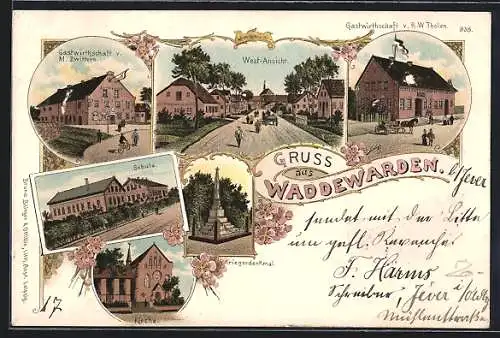 Lithographie Waddewarden, Gasthaus M. Zwitters, Schule, Gasthaus R.W. Tholen, Kriegerdenkmal