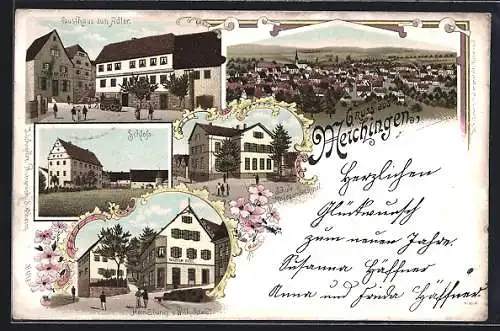 Lithographie Merchingen / Baden, Gesamtansicht, Gasthaus zum Adler, Schloss