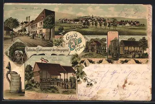 Lithographie Eyb bei Ansbach, Brauerei, Tanz- und Bierhalle, Gartenlaube, Schaukel, Totalansicht