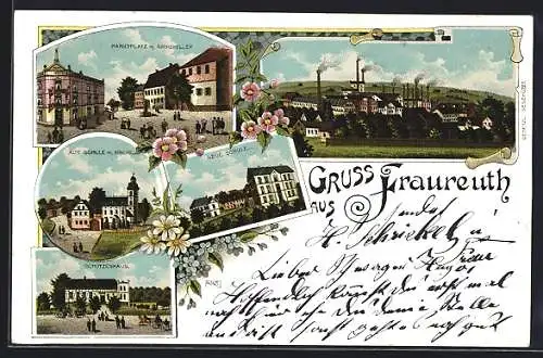 Lithographie Fraureuth, Gasthaus Schützenhaus, Marktplatz mit Ratskeller, Ortsansicht