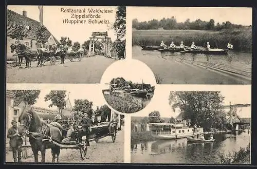 AK Zippelsförde / Ruppiner Schweiz, Restaurant Waldwiese, Anlegestelle mit Dampfer, Ruderboot, Pferdekutsche