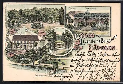 Lithographie Eldagsen / Springe, Hotel Lauenstein Berggarten mit Garten und Spiessbürger-Steg