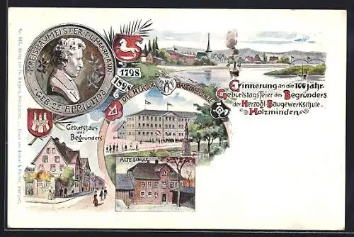 Lithographie Holzminden, 100 jähr. Geburtstagsfeier des Begründers der Herzogl. Baugewerkschule 1898, Alte Schule