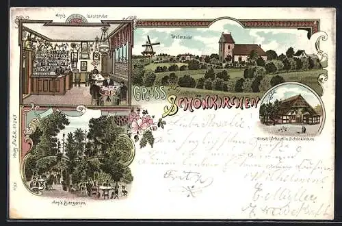 Lithographie Schönkirchen, Gasthaus Arn`s Biergarten und Gaststube, Altes Gildehaus, Totalansicht