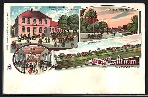 Lithographie Arnum bei Rethen / Leine, Gasthaus von Louis Velgehausen, Strassenpartie, Totalansicht