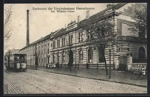 AK Herrenhausen, Restaurant und Brauerei von Wilhelm Ochse mit Strassenbahn