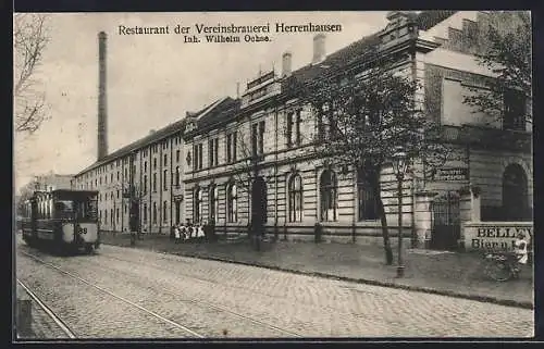 AK Herrenhausen, Gasthaus der Vereinsbrauerei Herrenhausen, Strassenbahn