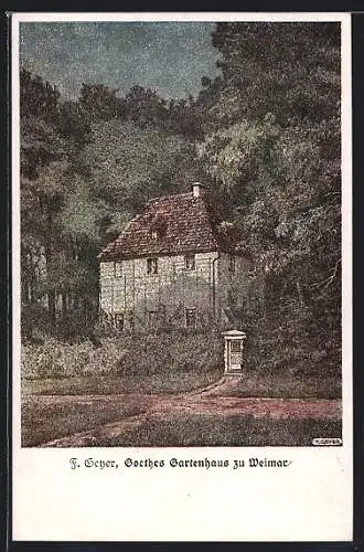 Künstler-AK Weimar / Thüringen, Goethes Gartenhaus im Wald