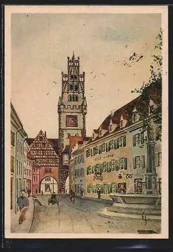 Künstler-AK Freiburg i. B., Oberlinden-Strasse mit Schwabentor