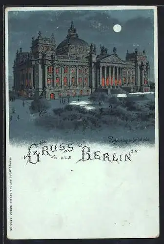 Mondschein-Lithographie Berlin-Tiergarten, Reichstagsgebäude mit beleuchteten Fenstern