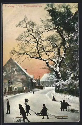 AK Freiburg i. Br., Waldseestrasse im Winter, Kinder mit Schlitten