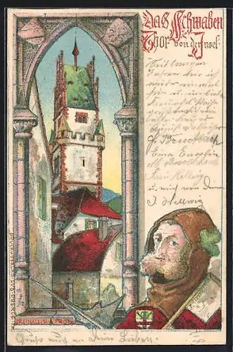 Lithographie Freiburg i. Br., Schwabenthor von der Insel gesehen