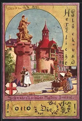 Künstler-AK Freiburg / Breisgau, Schwabentorbrücke mit Malterer-Denkmal, Wappen