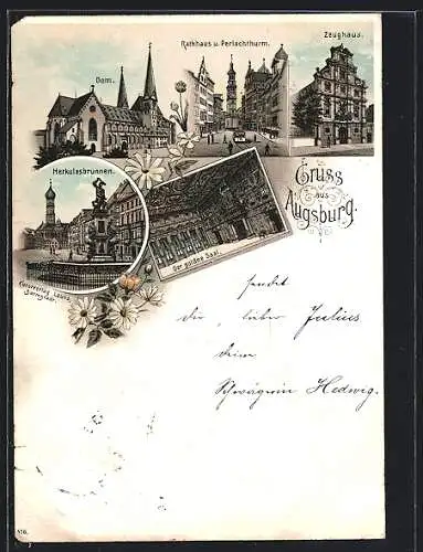 Lithographie Augsburg, Zeughaus, Herkulesbrunnen, Rathaus und Perlachthurm