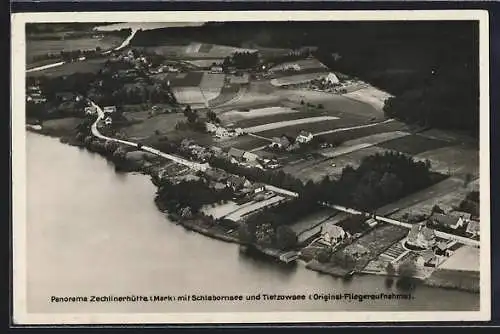 AK Zechlinerhütte in Mark, Panorama vom Flugzeug aus mit Blick auf Schlabornsee und Tietzowsee