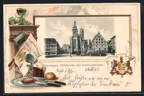 Passepartout-Lithographie Stuttgart, Stiftskirche mit Schillerdenkmal, Wappen, Meggendorfer Blätter