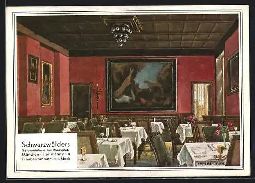 Künstler-AK München, Restaurant Schwarzwälders Naturweinhaus, Promenadenplatz / Hartmannstrasse 8, Traubenzimmer