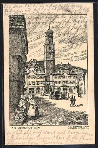 Künstler-AK Bad Mergentheim, Partie am Marktplatz mit Blick zum Kirchturm