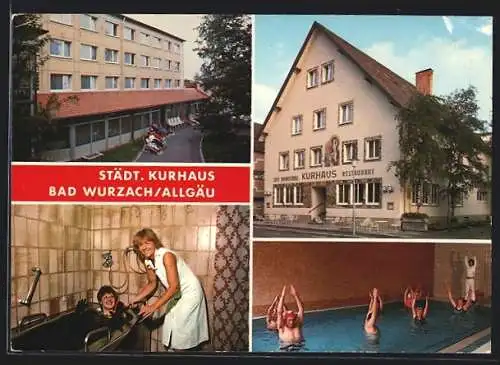 AK Bad Wurzach, Städt. Kurhaus, Schwimmbad, Aussenansicht, Frau nimmt ein Moorbad