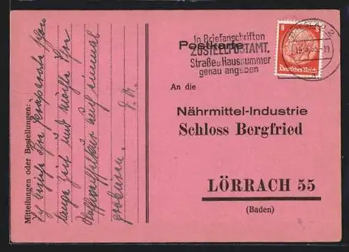 AK Lörrach /Baden, Nährmittel-Industrie Schloss Bergfried, Korrespondenzkarte
