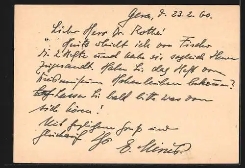 AK Gera, Gewerbe E. Mirus, Dr. Otto-Nuschke-Strasse 13, Korrespondenzkarte